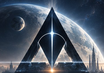 A towering triangular Anvari monument rising over a frozen citadel, a vast moon behind it