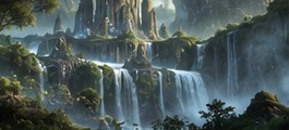 Waterfalls and ancient halls carved into a green mountain