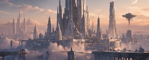 Pale spires of an observatory city at dawn