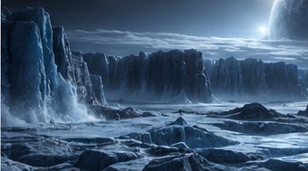Ice cliffs and a frozen sea under a pale planet