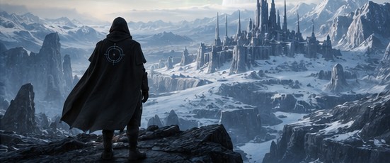A hooded Wright looks out over a frozen city beneath jagged mountains